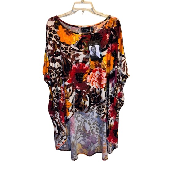 ATTITUDES by Renee Global Illusions Como Jersey Tunic Red Brown Fierce Floral LP - Picture 11 of 11